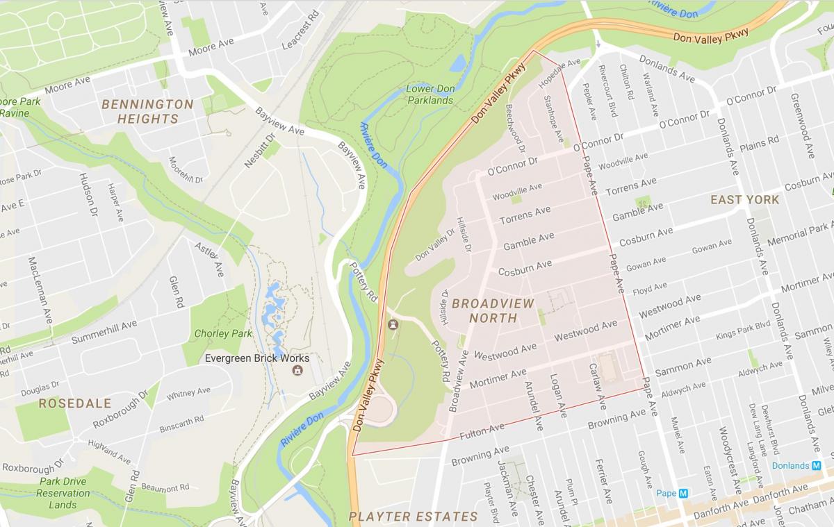 Peta Broadview Utara kejiranan Toronto