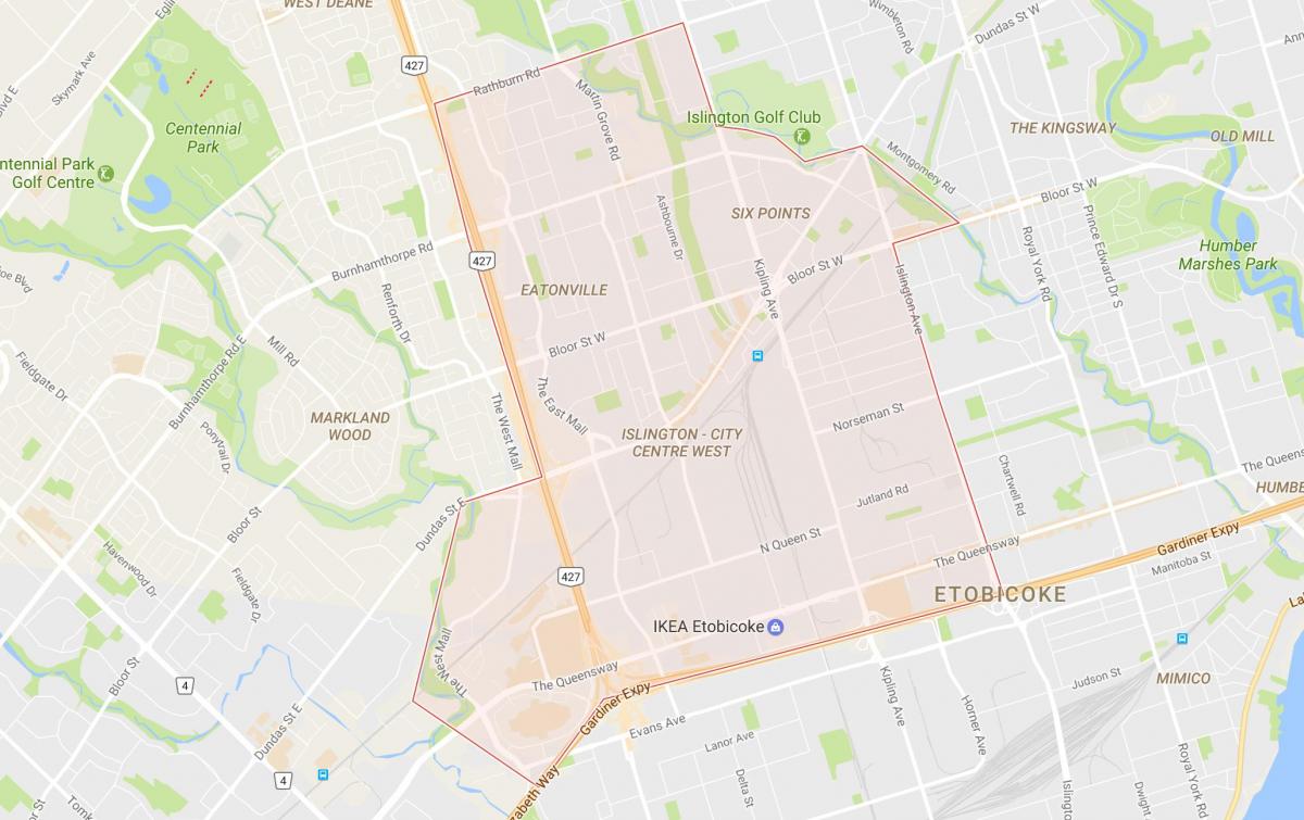 Peta Islington-Pusat Bandar Barat kejiranan Toronto