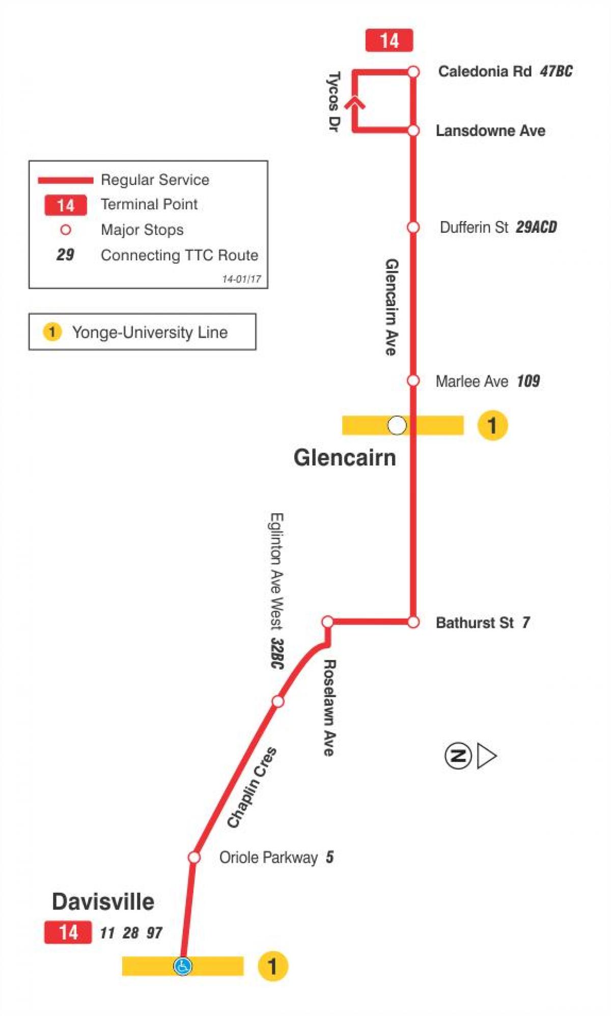 Peta METRO 14 Glencairn bas laluan Toronto