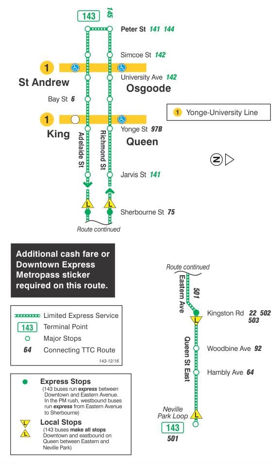 Peta METRO 143 Downtown / Pantai Express bas laluan Toronto