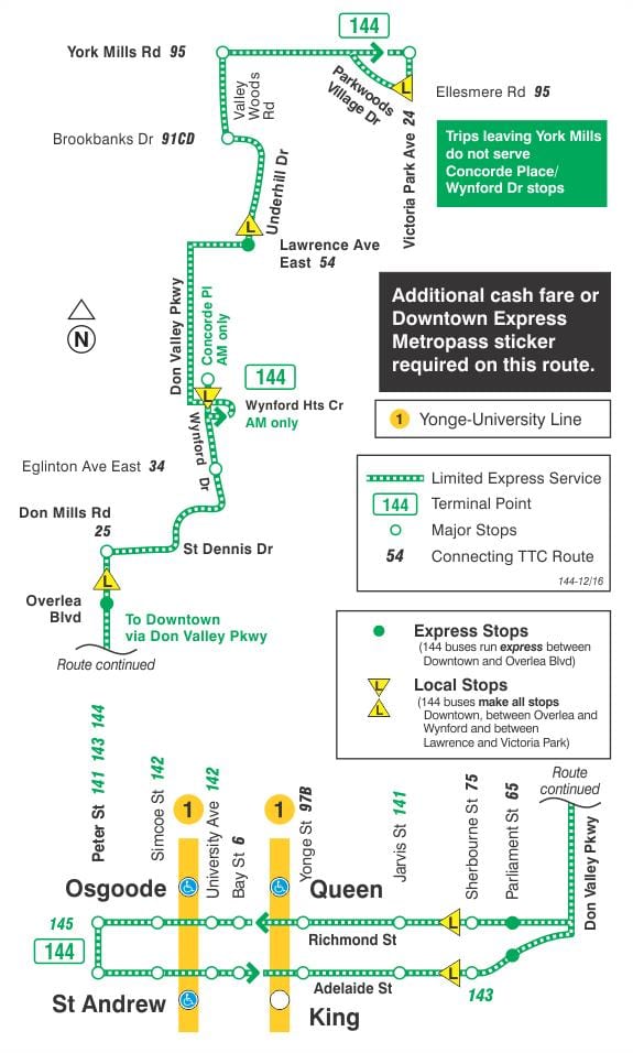 Peta METRO 144 Downtown / Tidak Lembah Express bas laluan Toronto