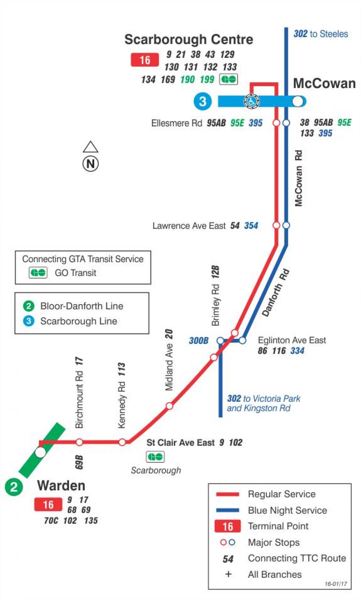 Peta METRO 16 McCowan bas laluan Toronto