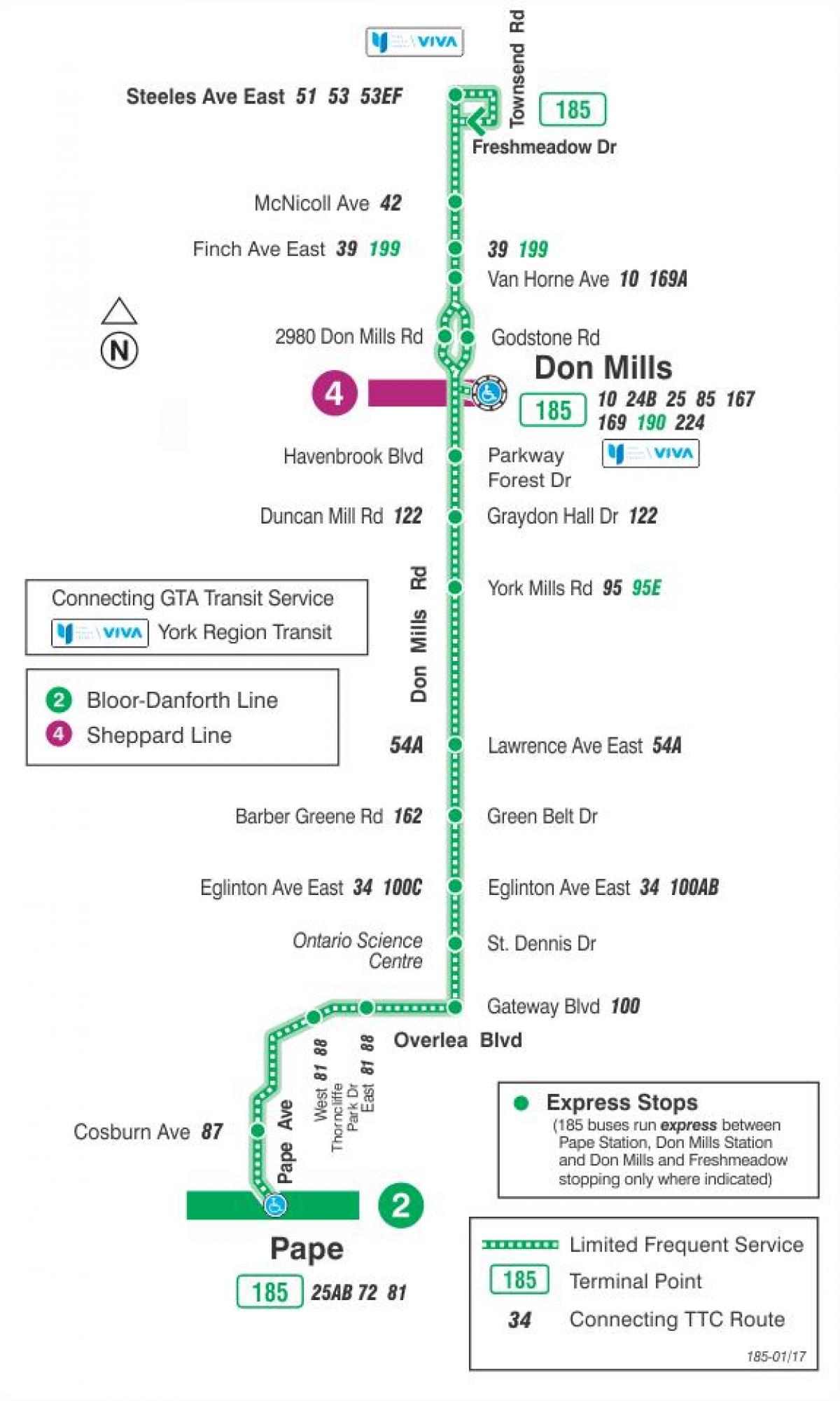 Peta METRO 185 Tidak Mills Roket bas laluan Toronto