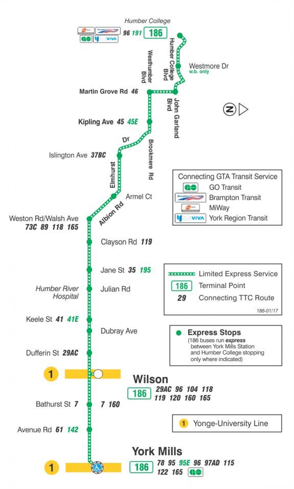 Peta METRO 186 Wilson Roket bas laluan Toronto