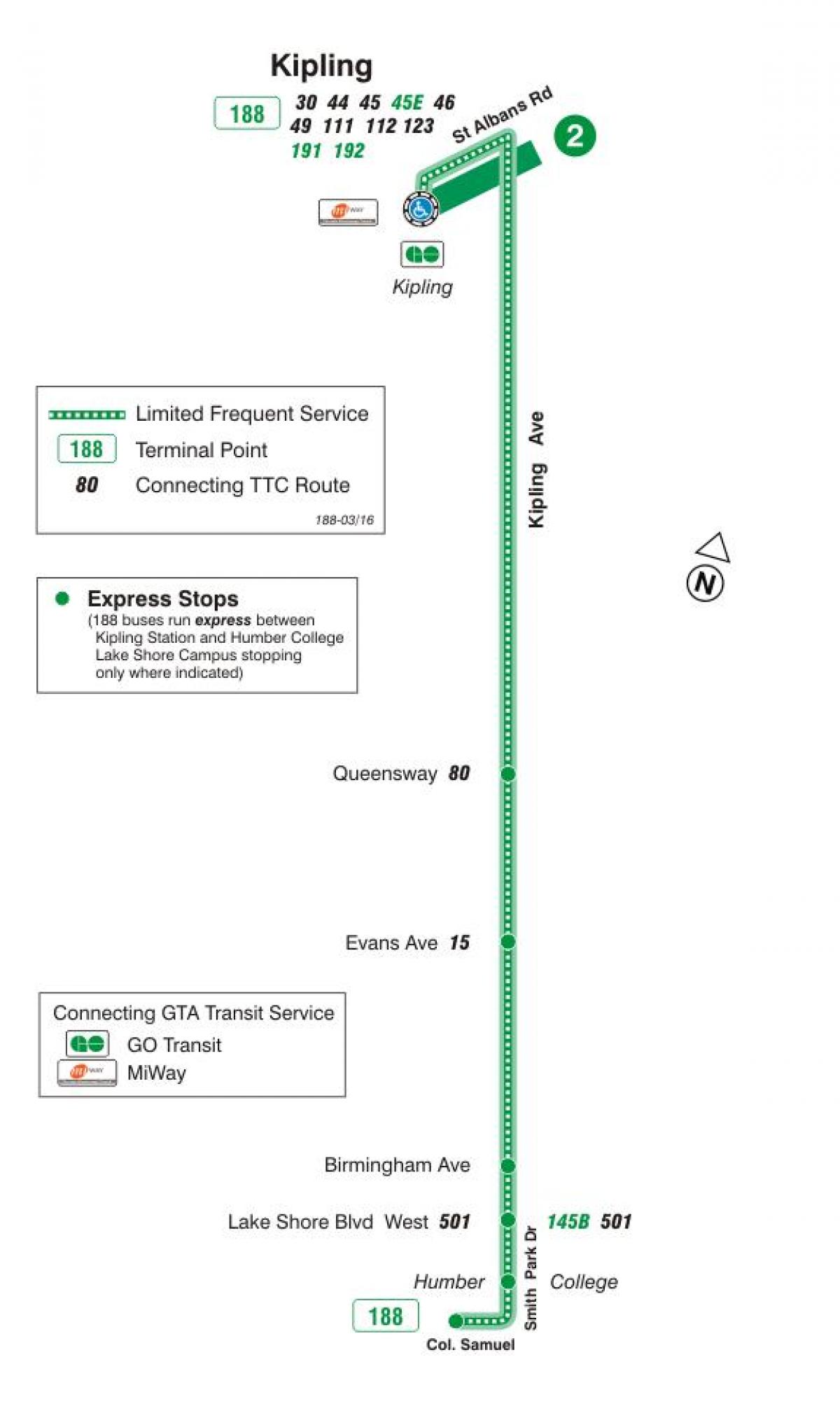 Peta METRO 188 Kipling Selatan Roket bas laluan Toronto