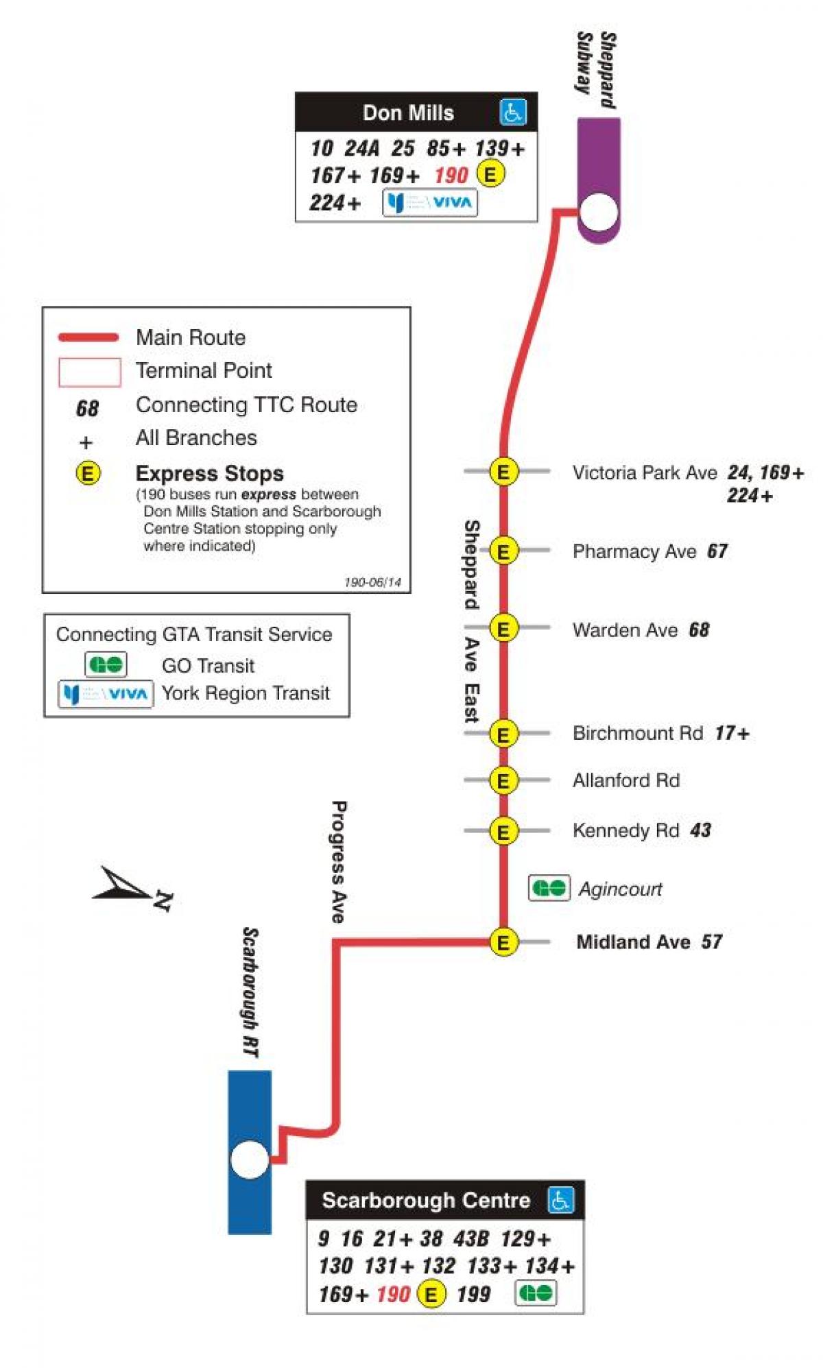 Peta METRO 190 Scarborough Pusat Roket bas laluan Toronto
