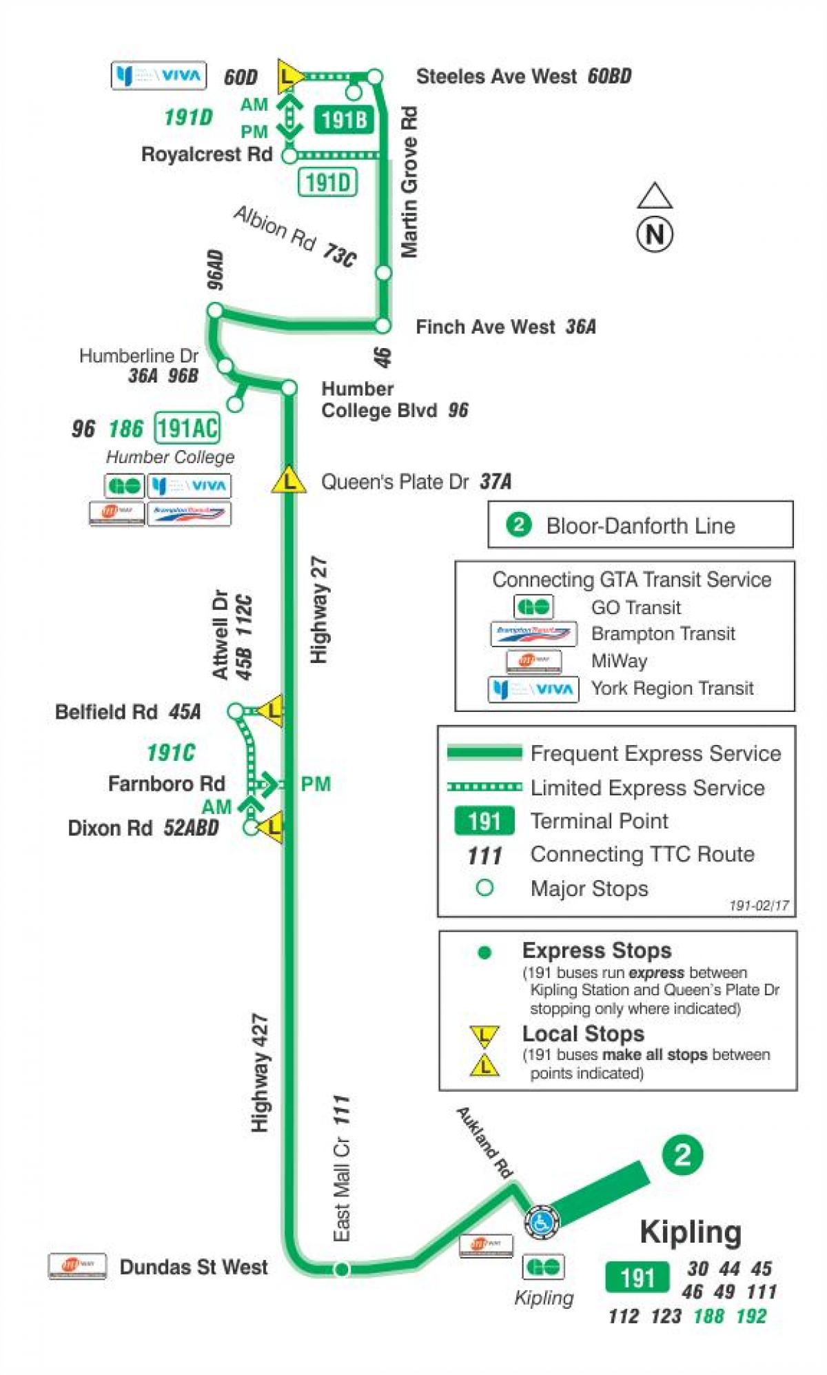 Peta METRO 191 Lebuh raya 27 Roket bas laluan Toronto