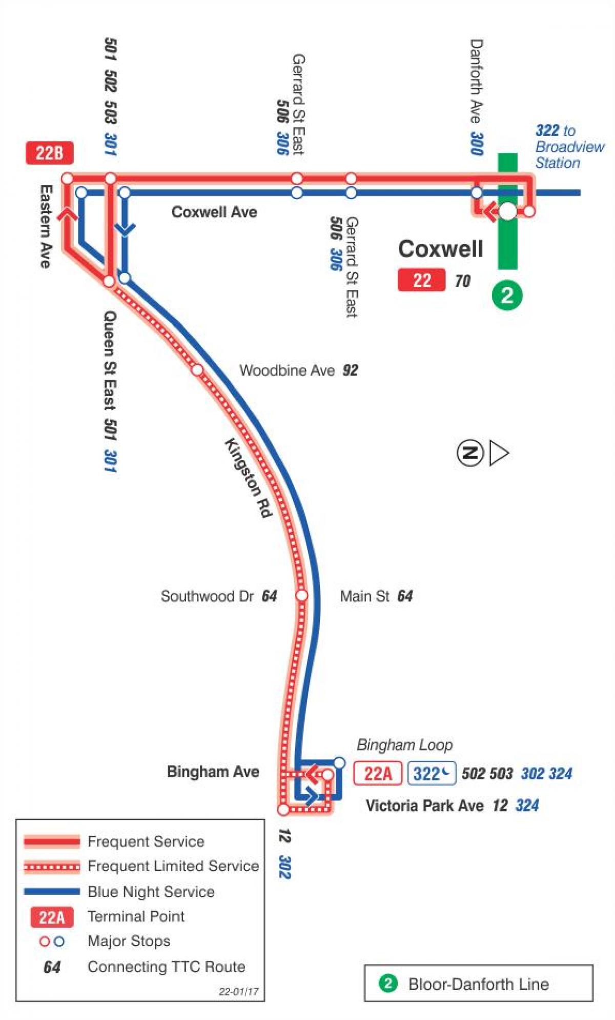 Peta METRO 22 Coxwell bas laluan Toronto