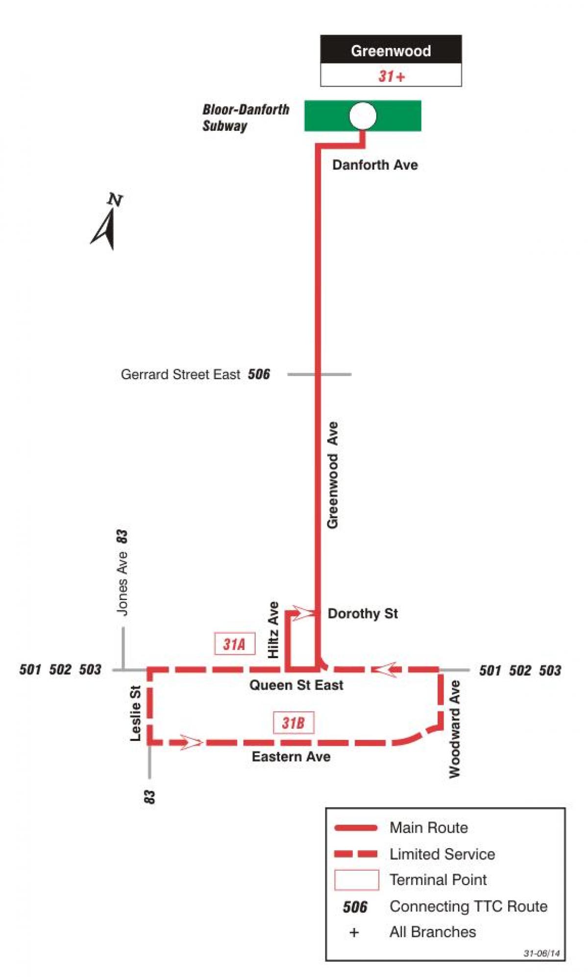 Peta METRO 31 Greenwood bas laluan Toronto