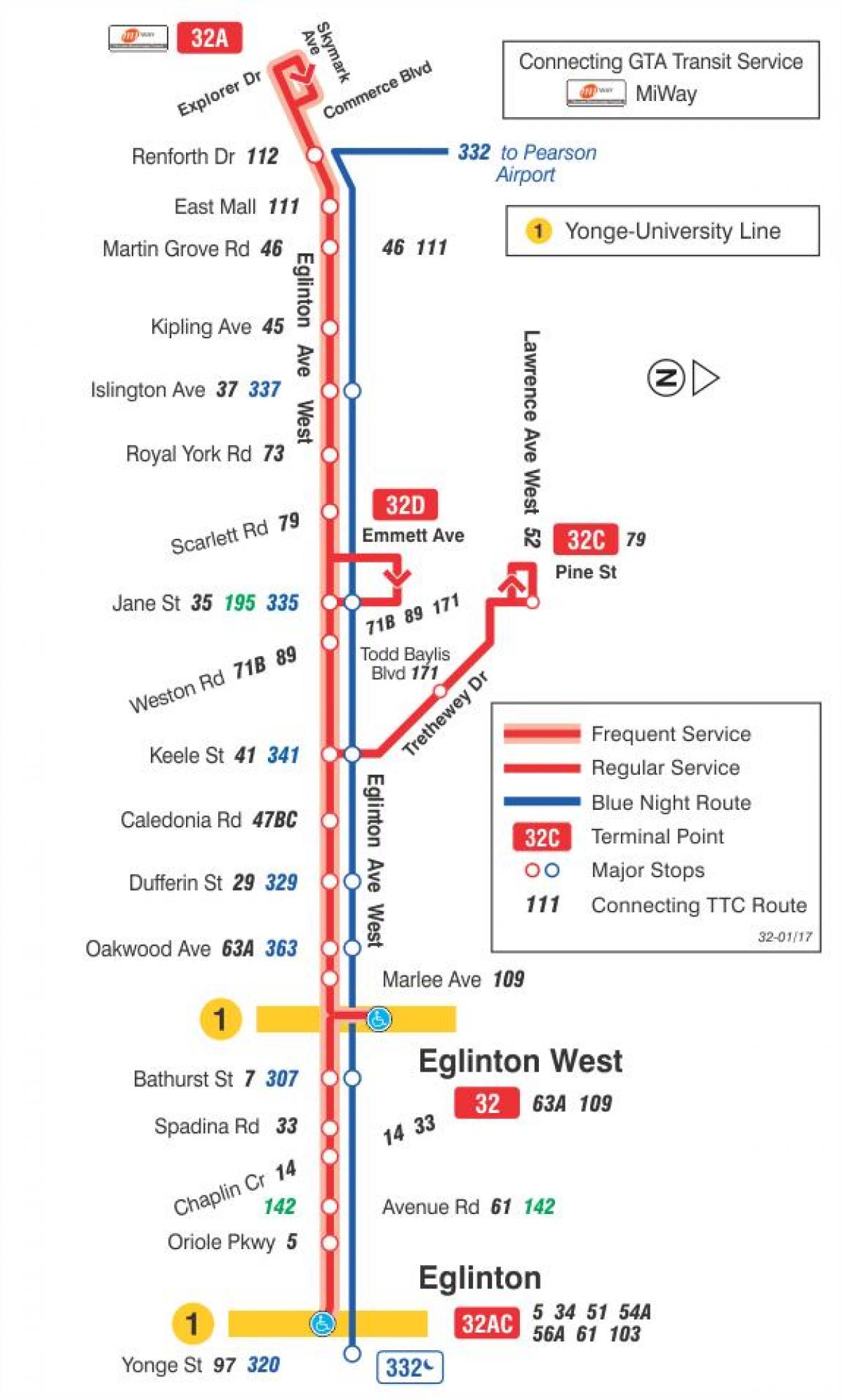 Peta METRO 32 Eglinton Barat bas laluan Toronto