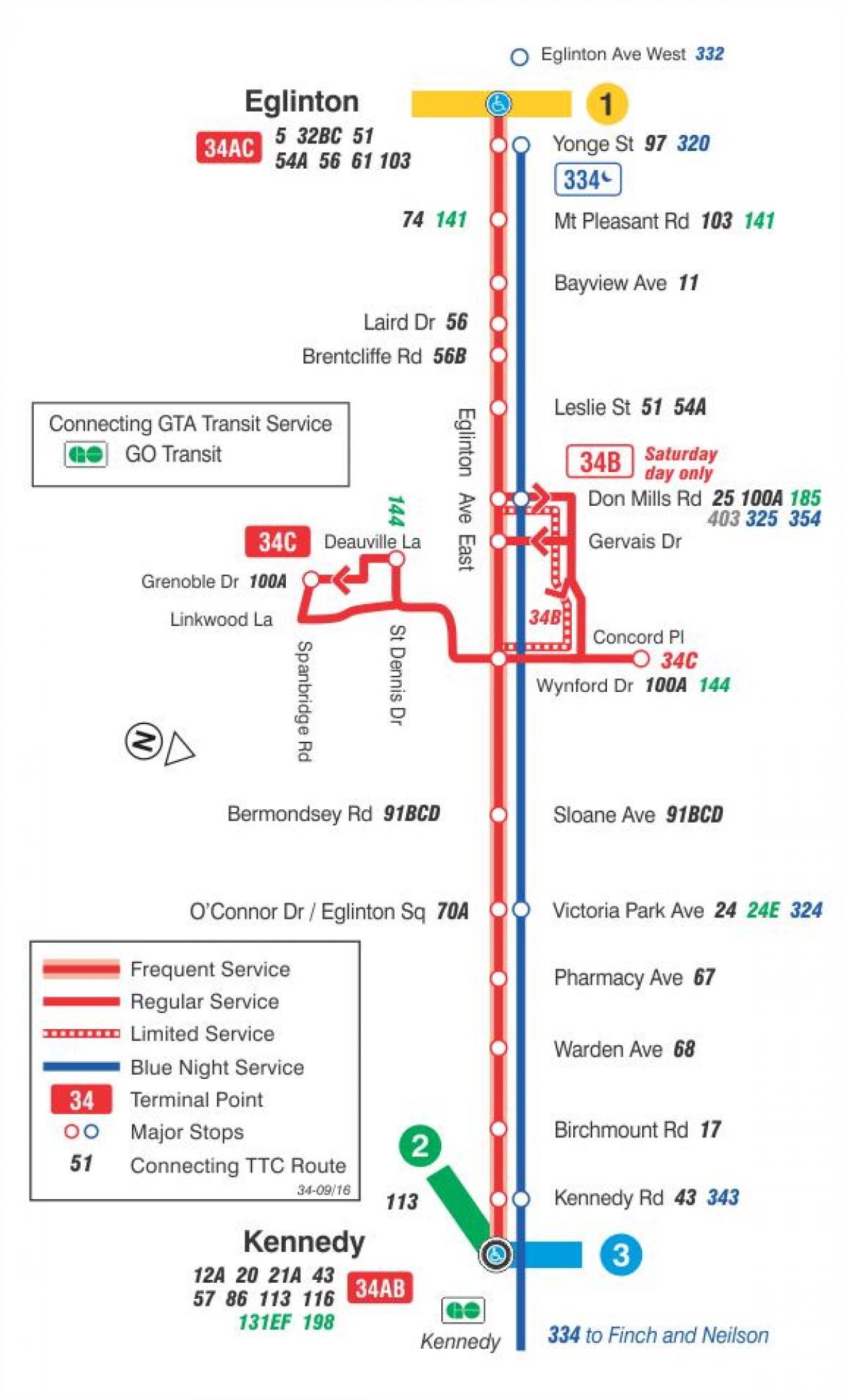 Peta METRO 34 Eglinton Timur bas laluan Toronto