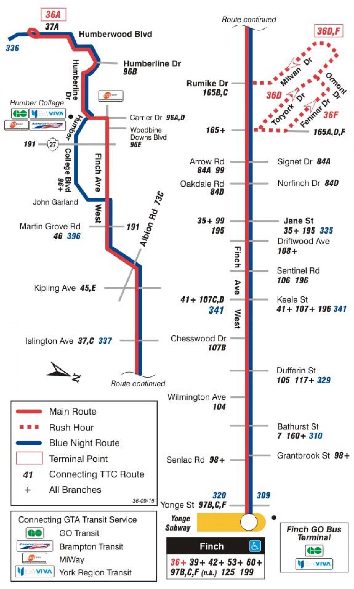 Peta METRO 36 Finch Barat bas laluan Toronto