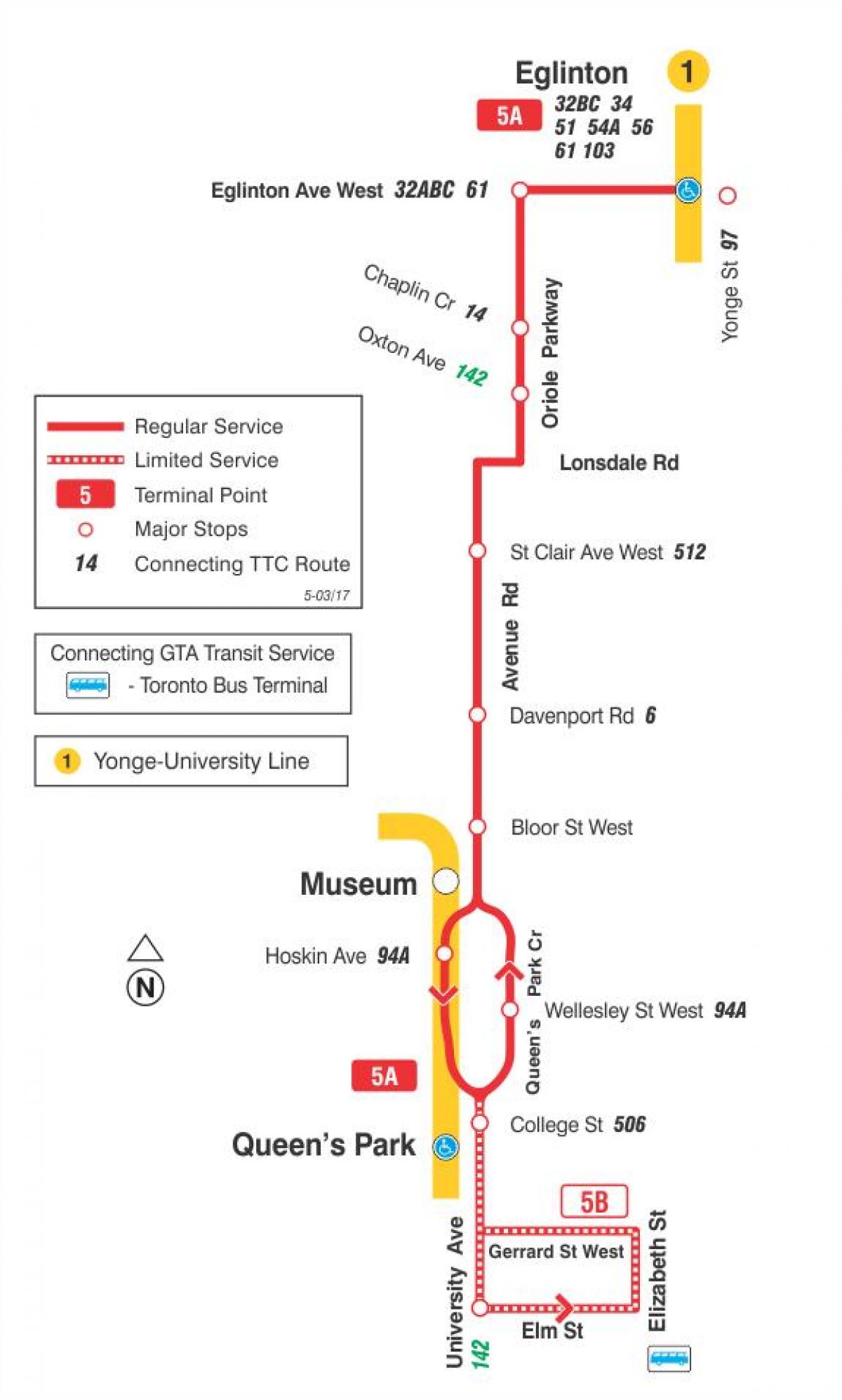 Peta METRO 5 Avenue Rd bas laluan Toronto