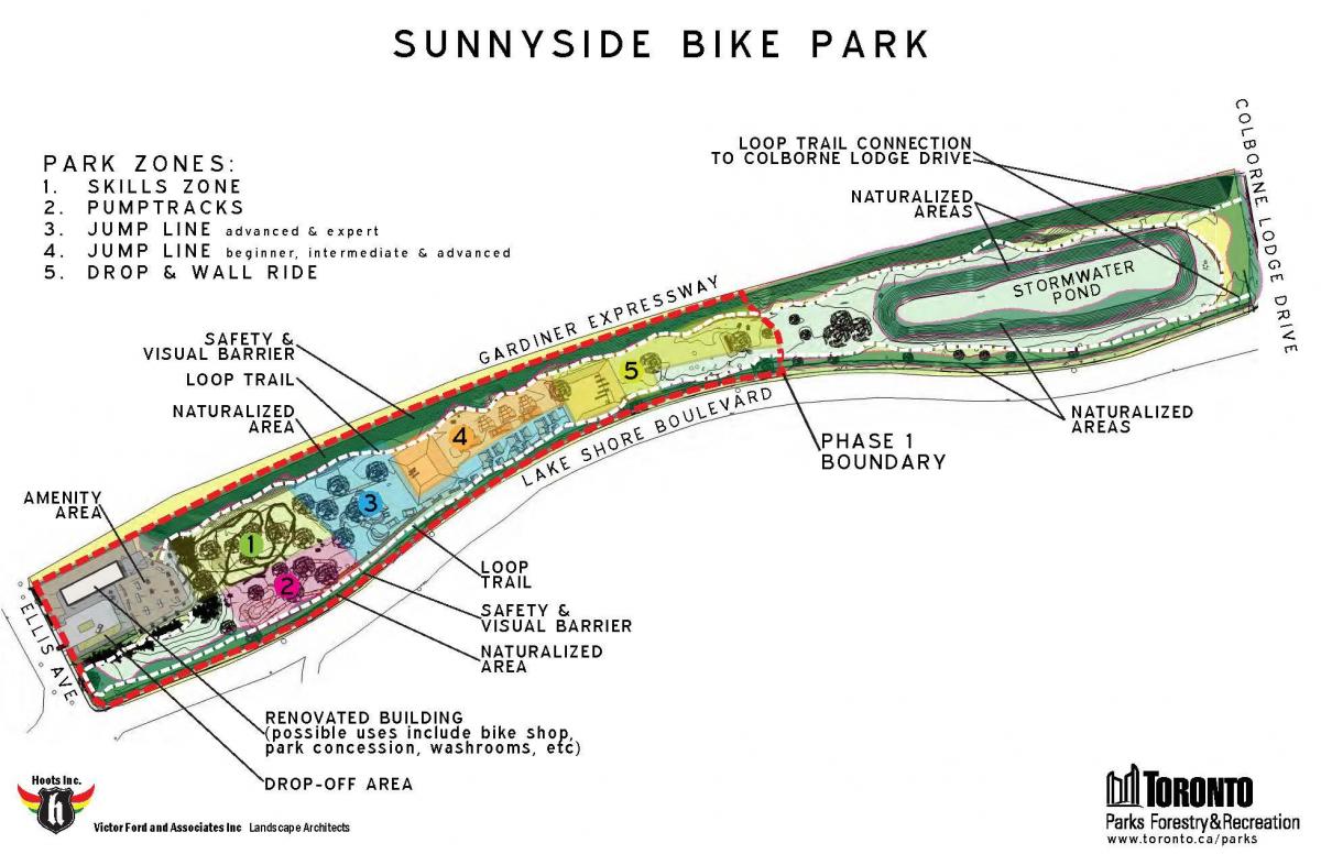 Peta Sunnyside Taman Basikal zon Toronto