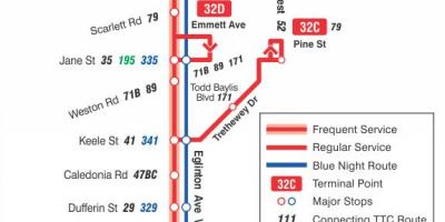 Peta METRO 32 Eglinton Barat bas laluan Toronto