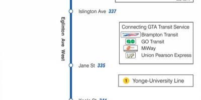 Peta METRO 332 Eglinton Barat bas laluan Toronto