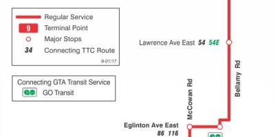 Peta METRO 9 Bellamy bas laluan Toronto